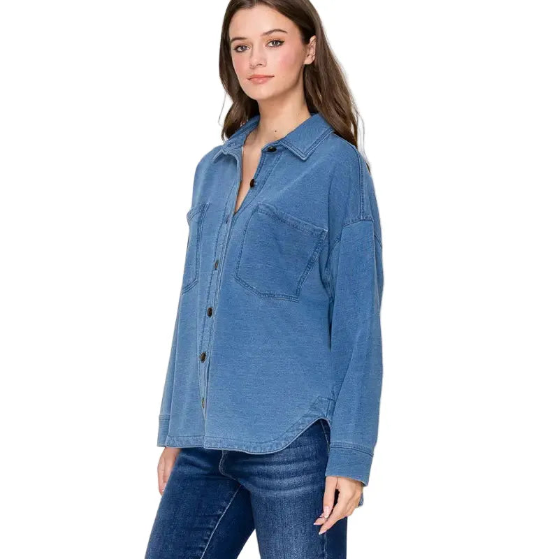 Women's Denim Collared Long Sleeve Button Top IJ-10035