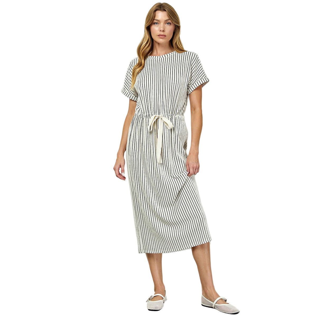 Women's Striped Midi Dress With Drawstring Waist D5917