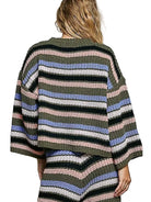Women's Olive Multi Striped Pattern Round Neck Chenille Sweater Top