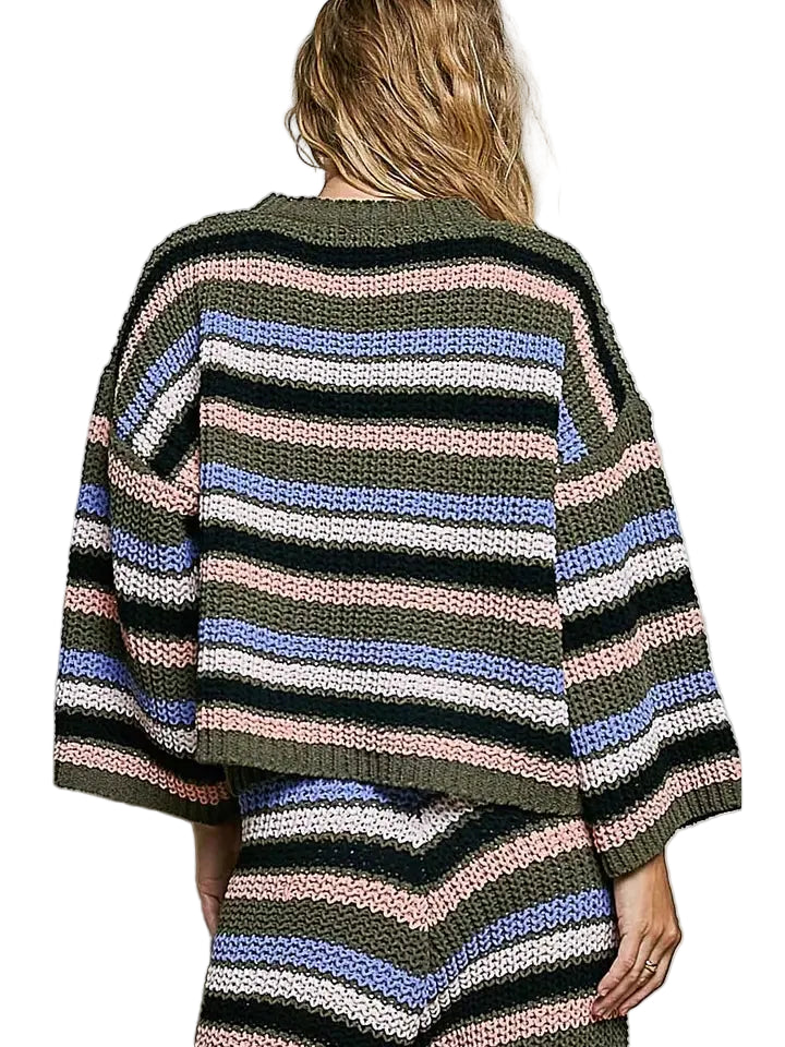 Women's Olive Multi Striped Pattern Round Neck Chenille Sweater Top