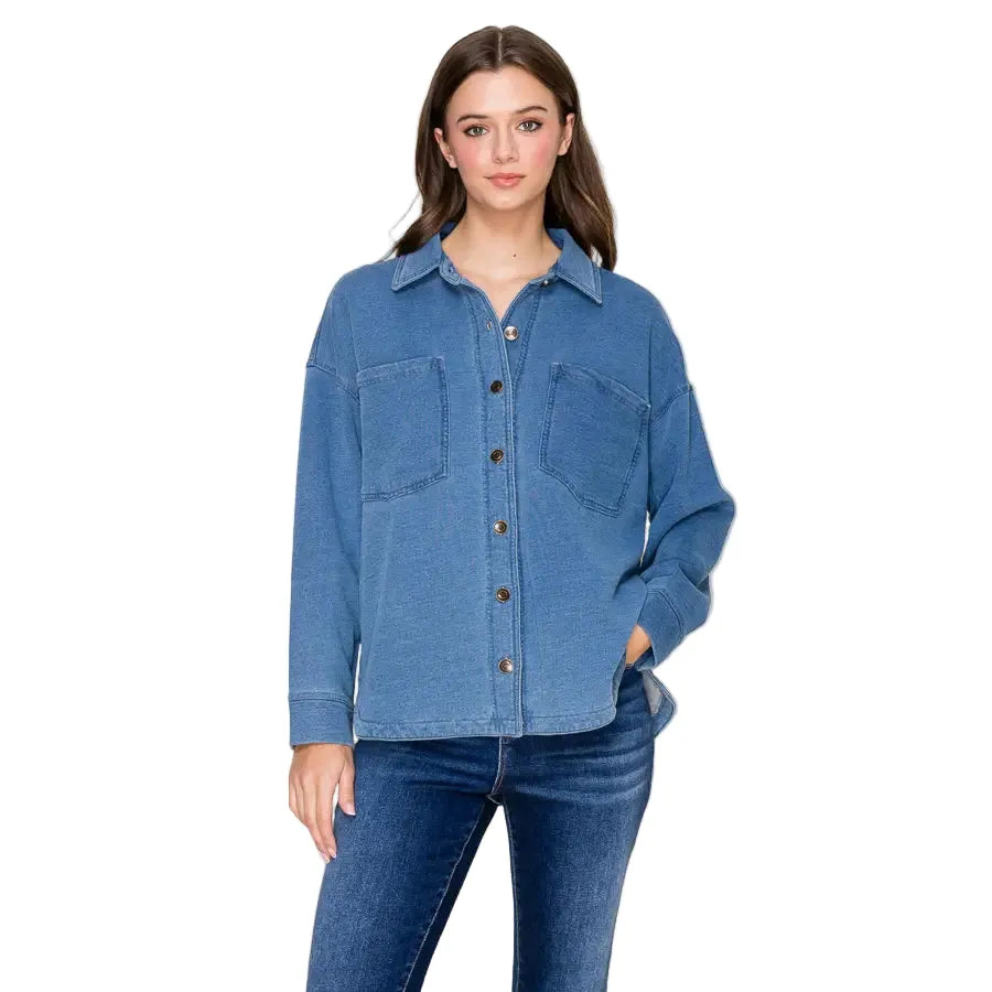 Women's Denim Collared Long Sleeve Button Top IJ-10035