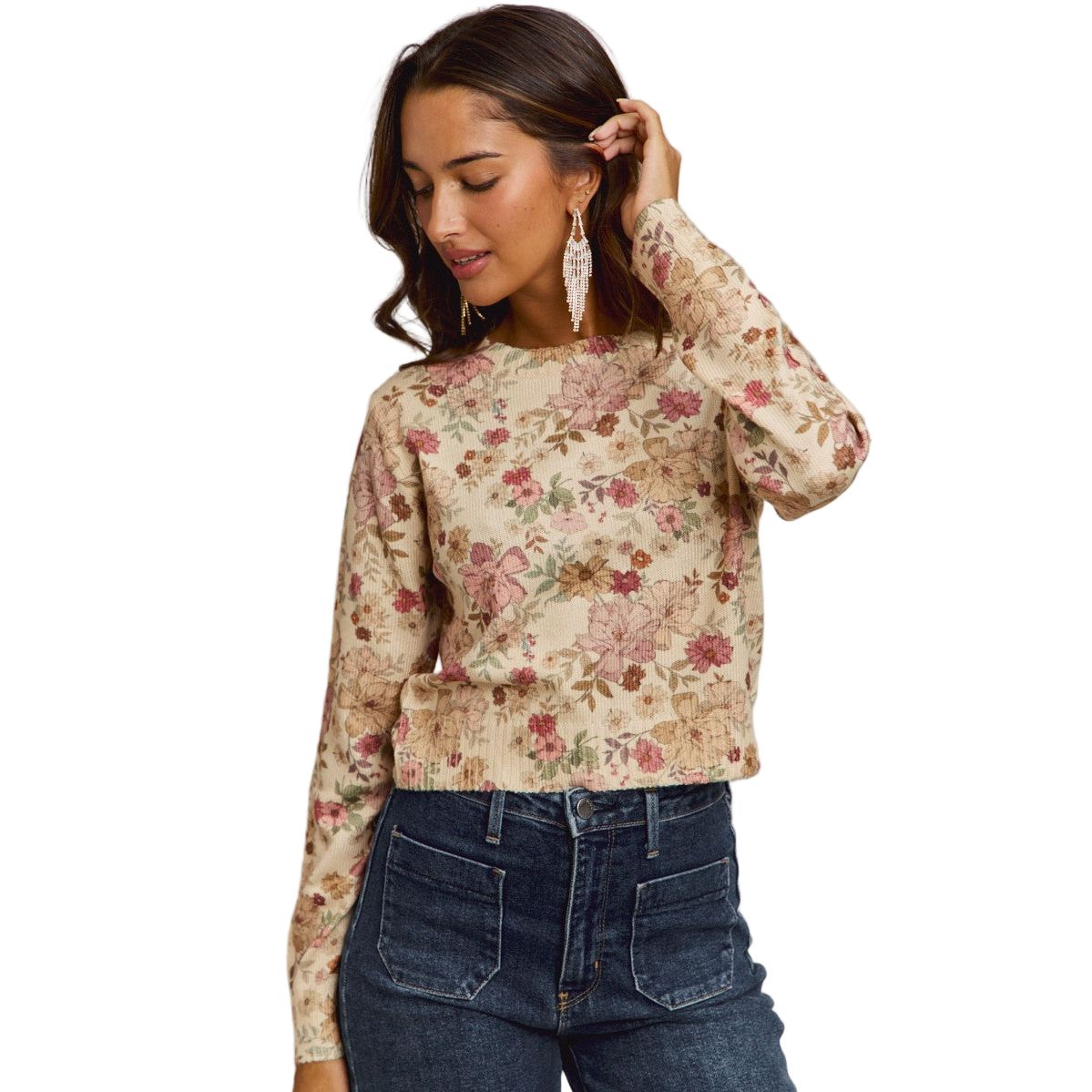 Women's Floral Crew Neck Long Sleeves Sweater Knit Top ST3677F-01