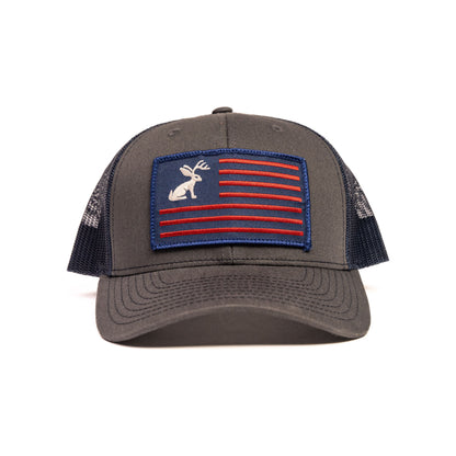 Charcoal and Navy Snapback with Jackelope Flag Patch - Crazy House Western Wear