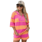 Women's Pink and Orange Striped Seam Detail Half Zip Oversized Set 