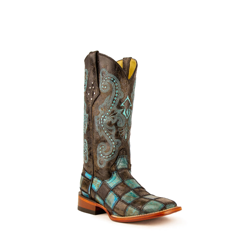 Women's Ferrini Brown/Teal Patchwork Western Boots 8139350