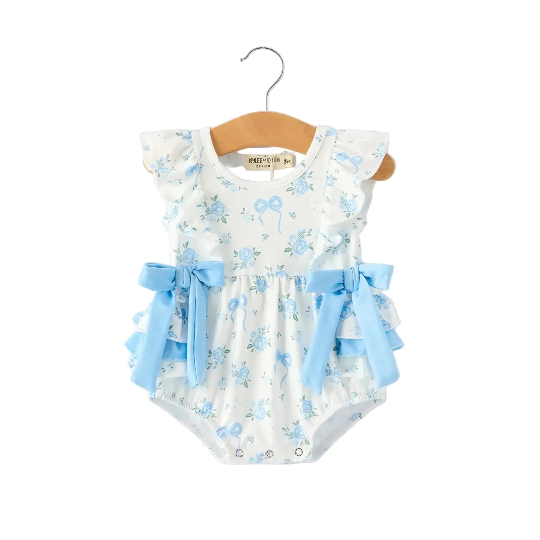 Girl's Blue Floral and Bow Ruffle Onesie 