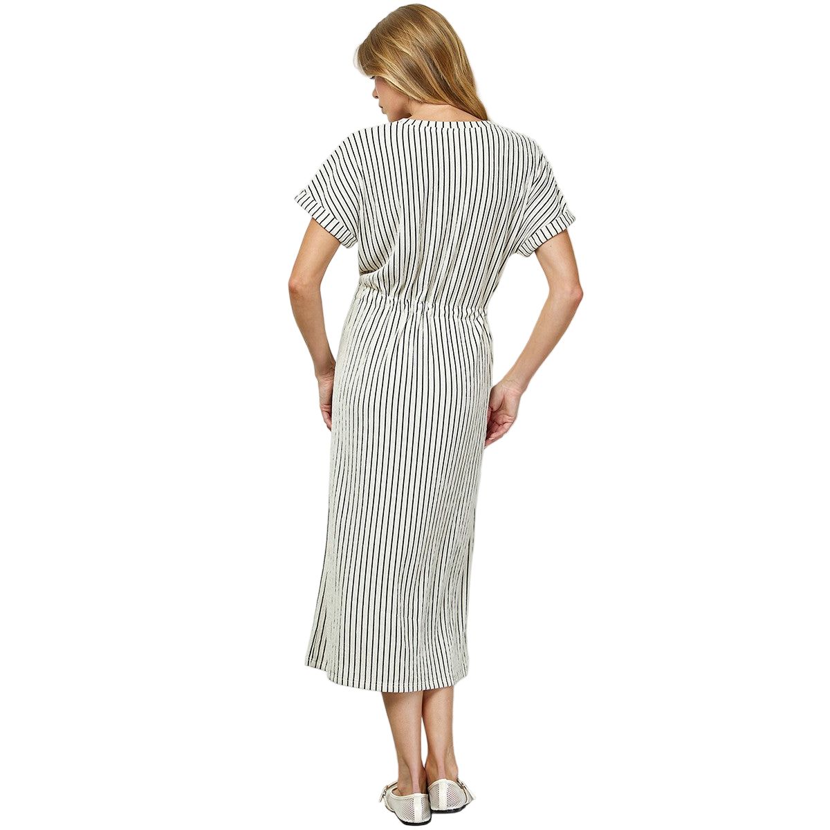 Women's Striped Midi Dress With Drawstring Waist D5917