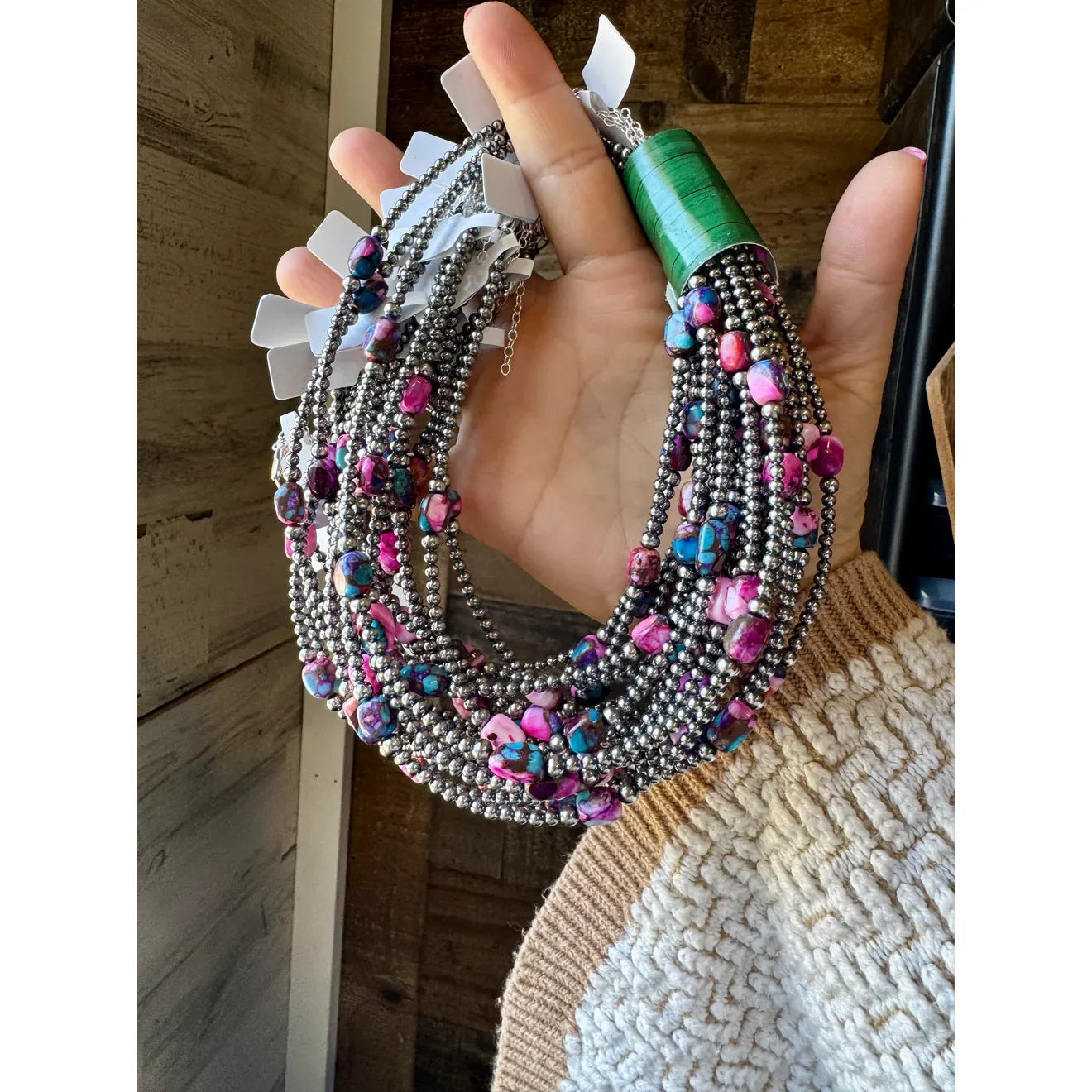 Bijoux Fab 5 Pink Dye Turquoise Choker and Sterling Silver Pearls CHO-NAV-130-TUR