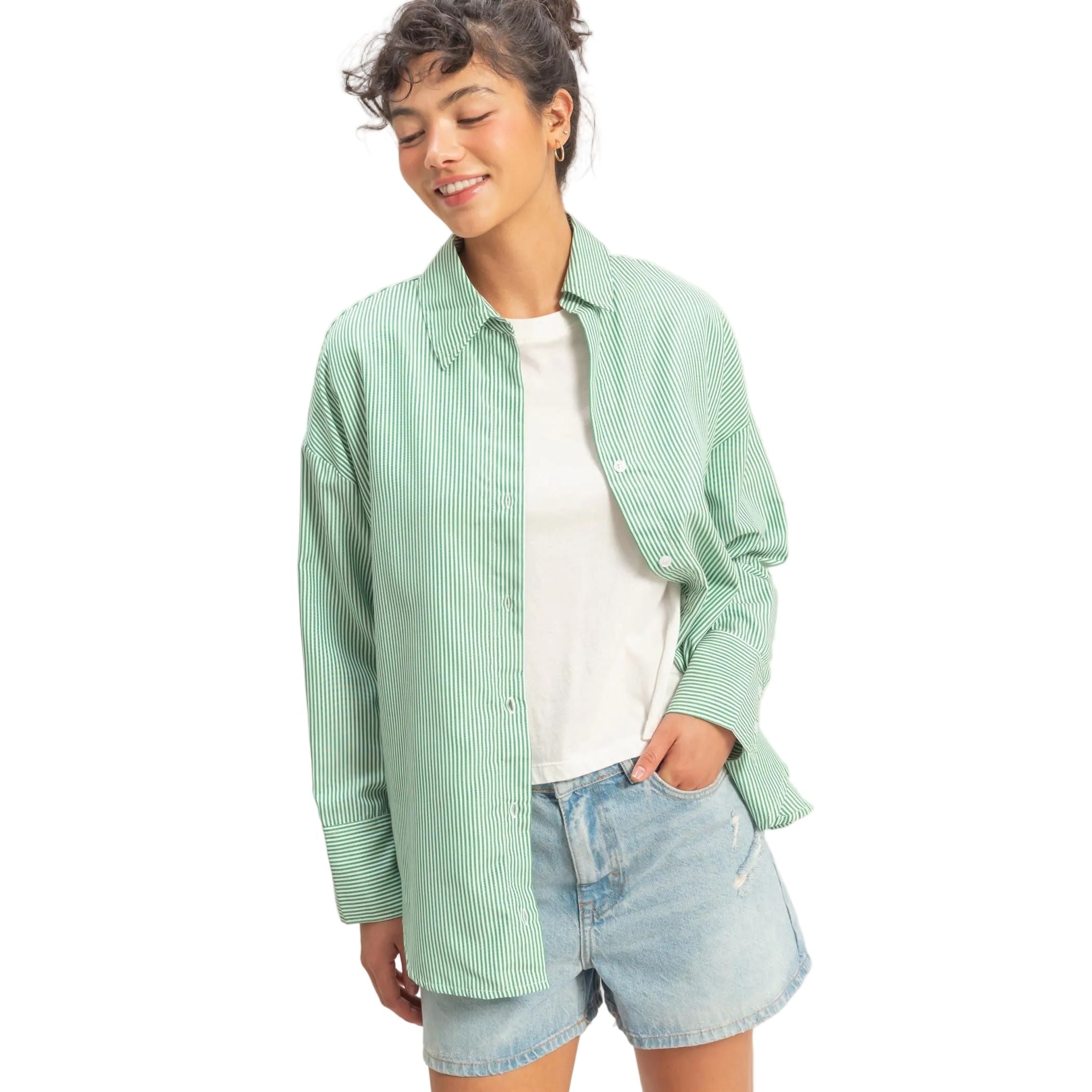 Women's Green and White Striped Button-up Shirt DZ26A737