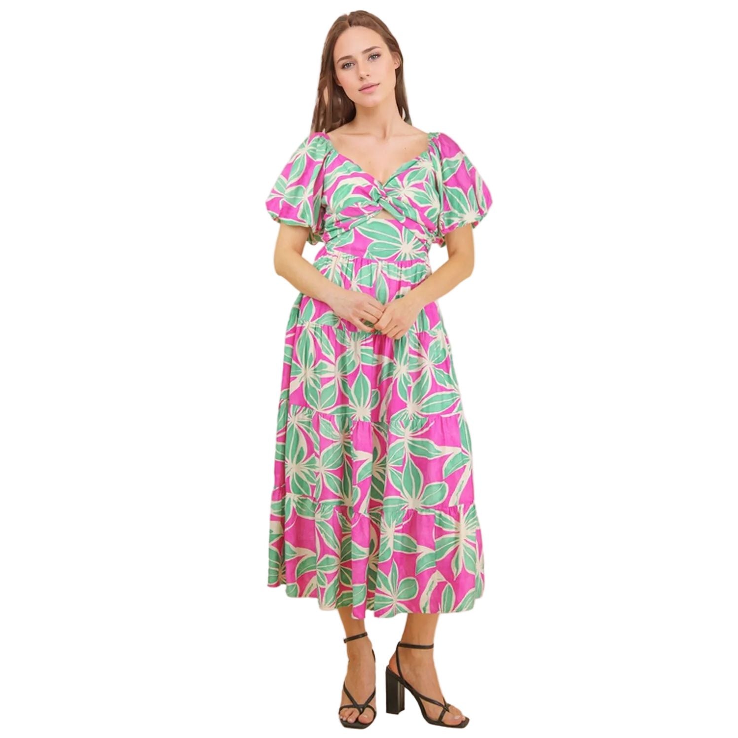 Women's Pink Floral Printed Puff Sleeve Resort Midi Dress ND32046