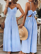 Women's Blue and White Striped Boho Summer Bow Backless Jumpsuit 