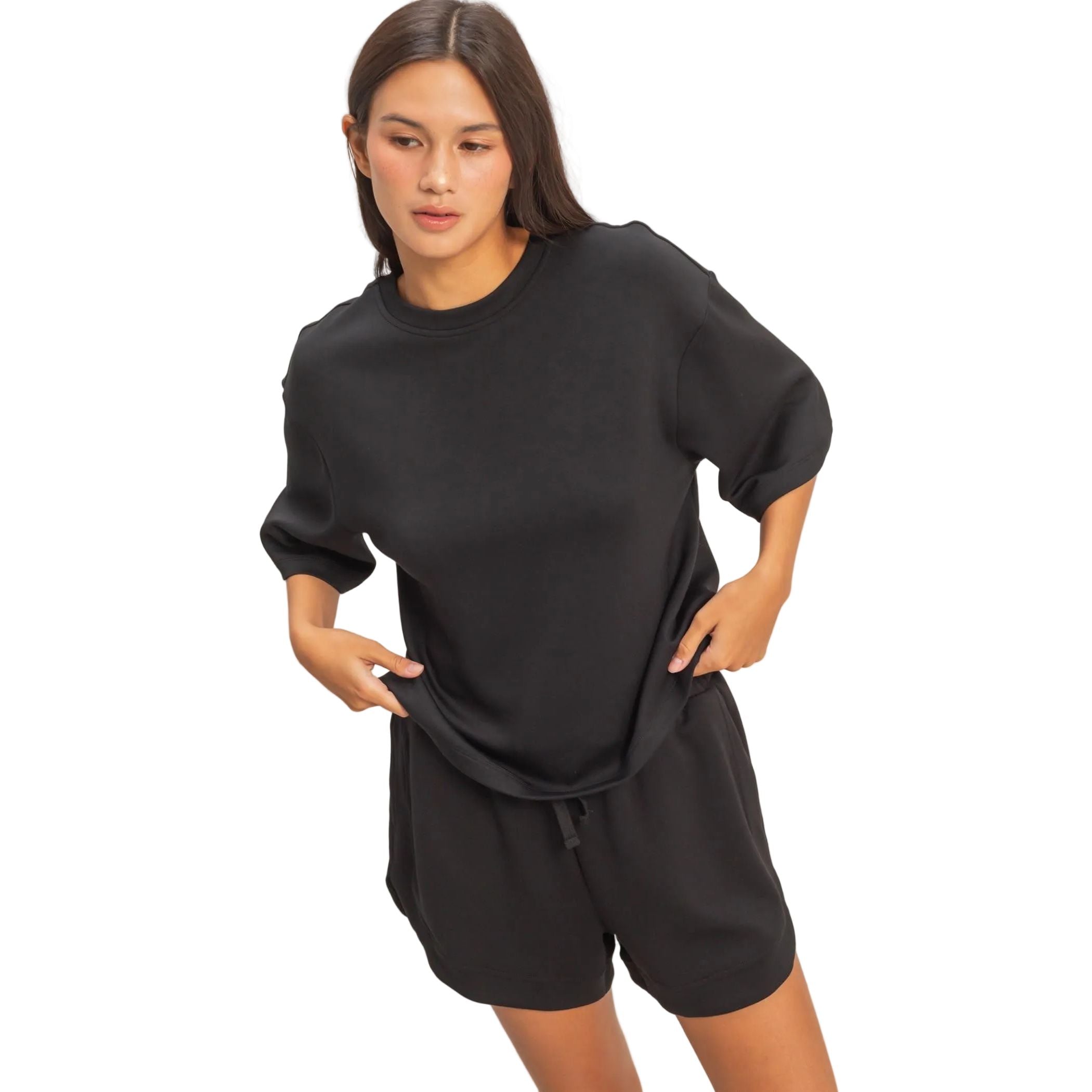 Women's Black Scuba Short Sleeve Boxy Top DZ26A271-BLK-WB