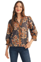 Jodifl Women's Mocha Embroidered Smocking Detail Floral Top 
