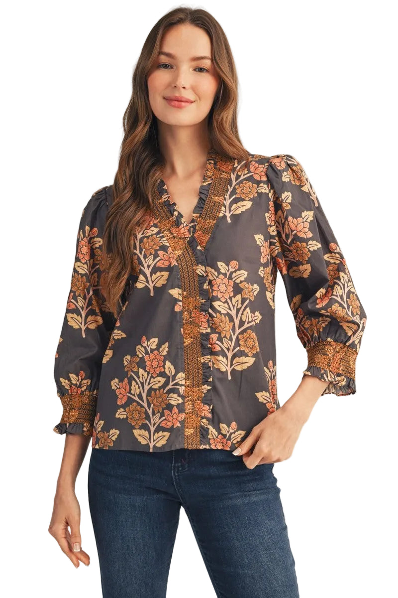 Jodifl Women's Mocha Embroidered Smocking Detail Floral Top 