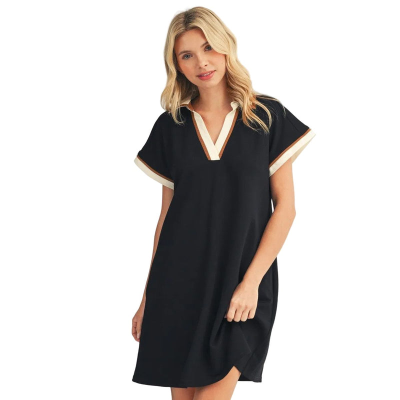 Women's Black Contrast Accent Solid Casual Dress M50814