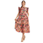 Women's Multi Colored Ruffled Sleeves Floral Midi Dress G10170-16