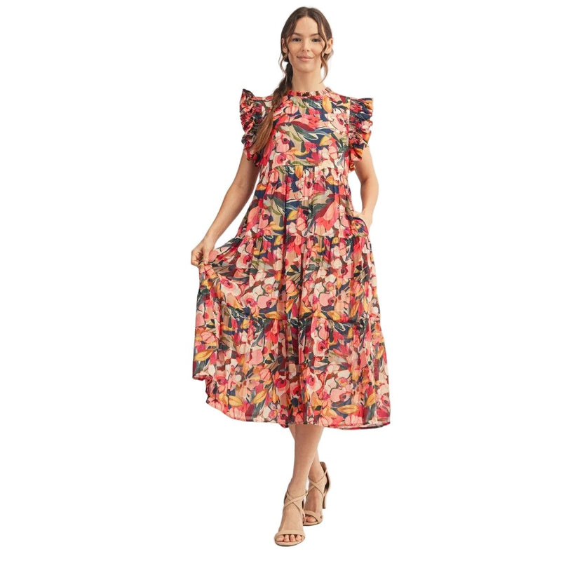 Women's Multi Colored Ruffled Sleeves Floral Midi Dress G10170-16