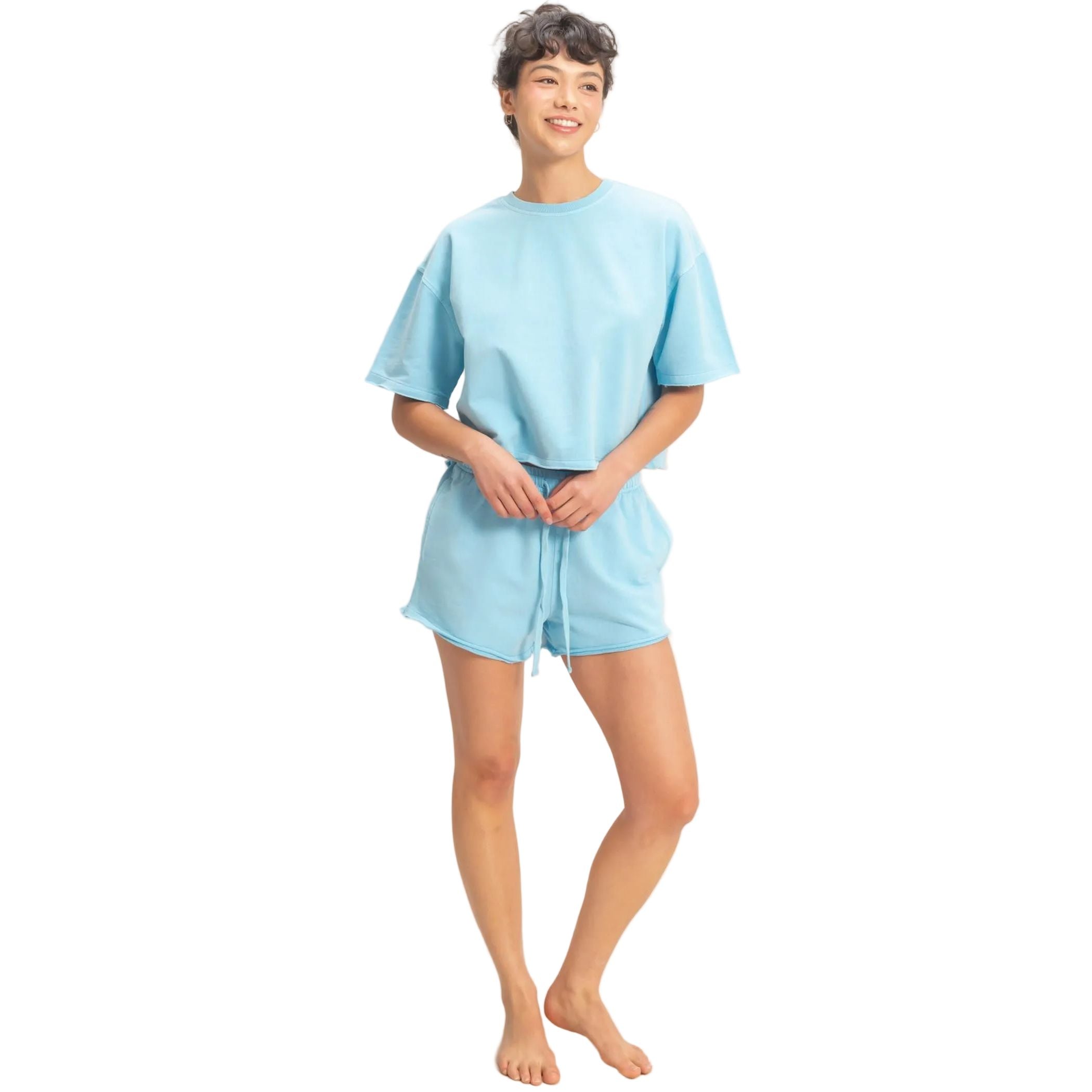 Women's Blue Short Sleeve Crew Neck Top And Shorts Set DZ26C668-SET