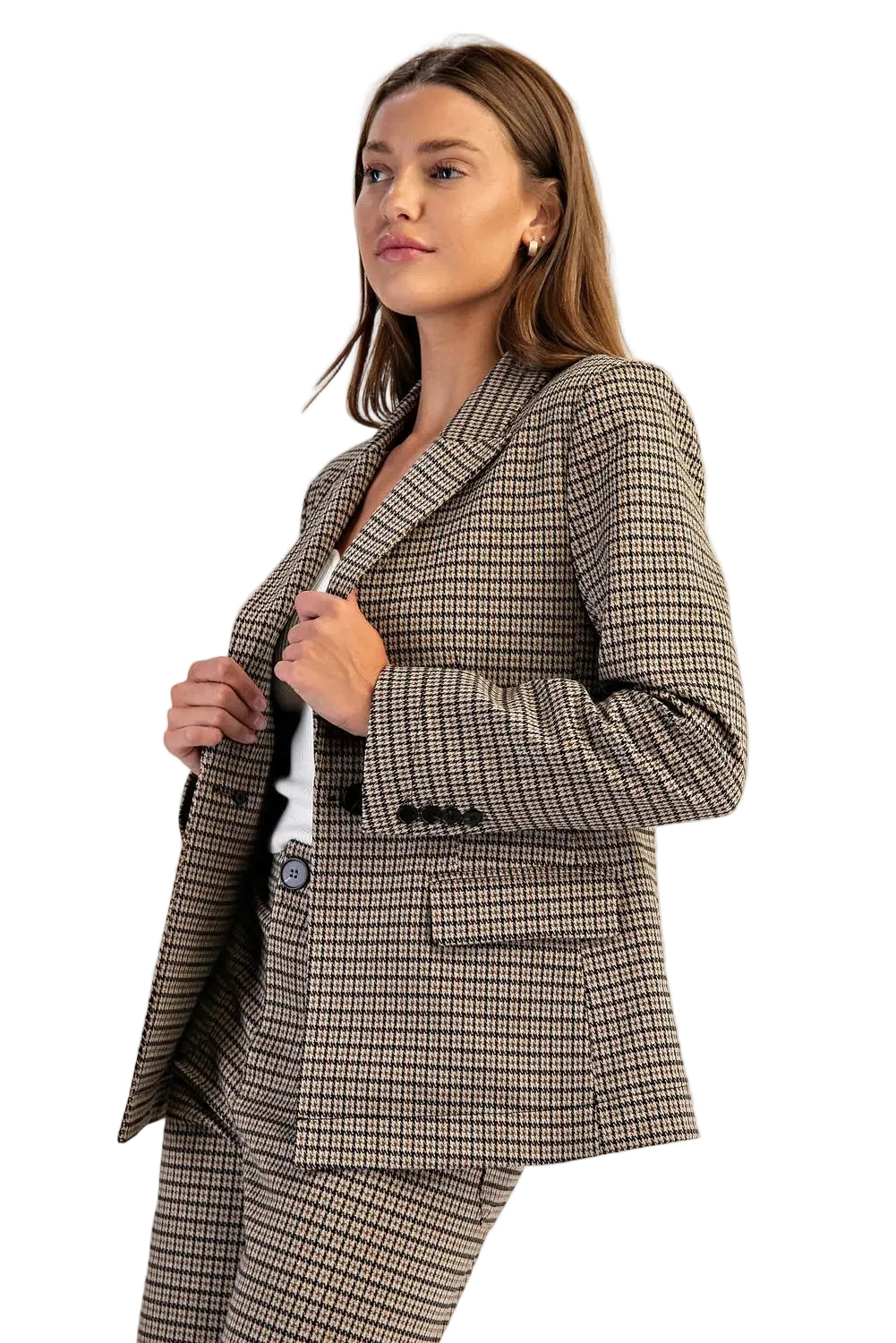 ee:some Women's Brown Hazel Houndstooth Pattern Long Sleeve Blazer 