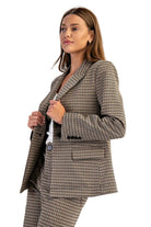 ee:some Women's Brown Hazel Houndstooth Pattern Long Sleeve Blazer 