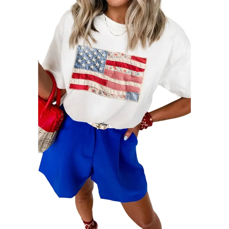 Women's Short Sleeve White T-shirt with Flag Patchwork Print 