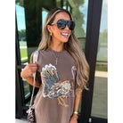 Women's Espresso Brown Short Sleeve Turkey Printed T-shirt 