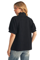 Women's Jodifl Black Rib Contrast V Neck Solid Top 
