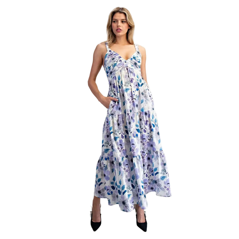 Women's Ee:some Lilac Blue Floral Print Pleated Maxi Dress DK14864