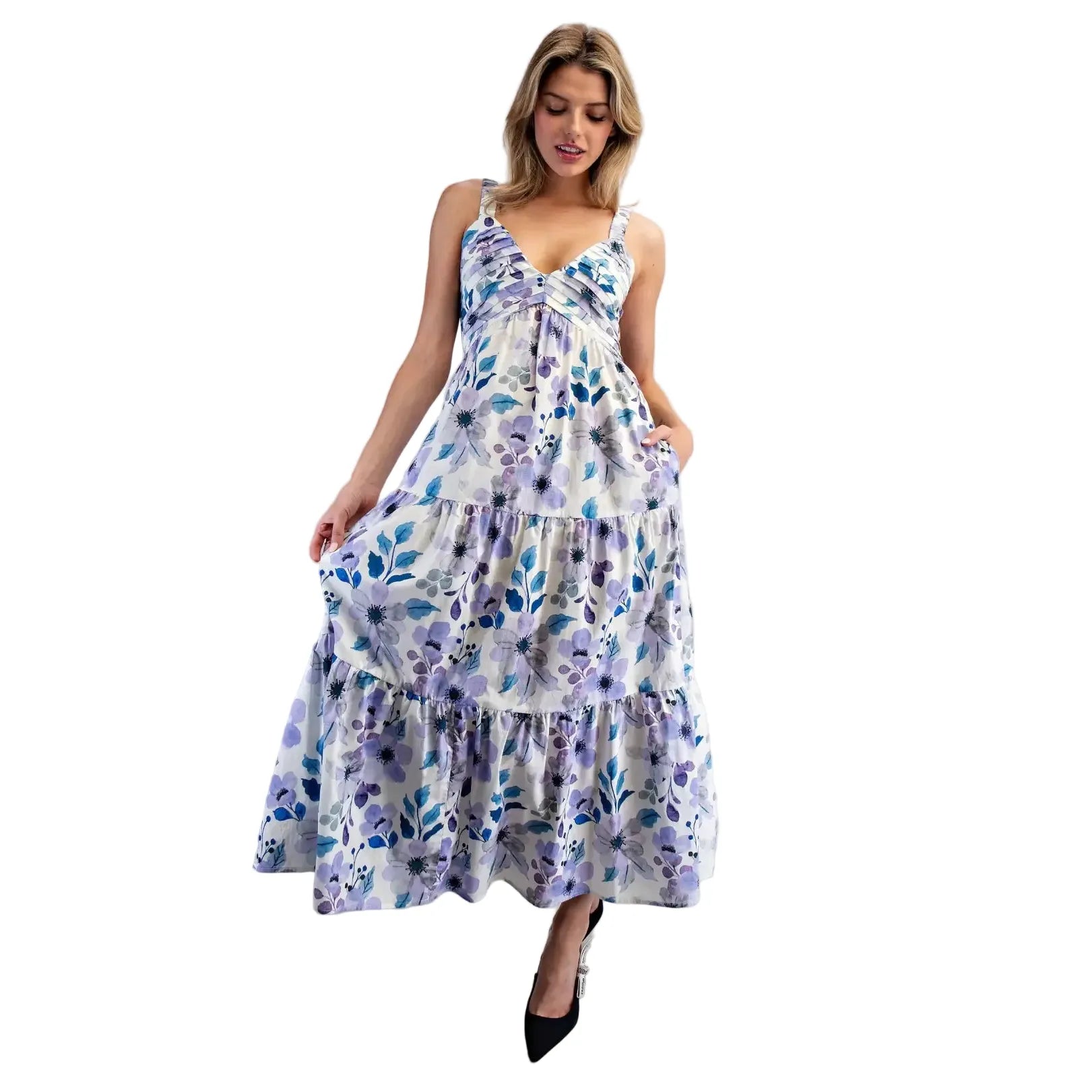 Women's Ee:some Lilac Blue Floral Print Pleated Maxi Dress DK14864