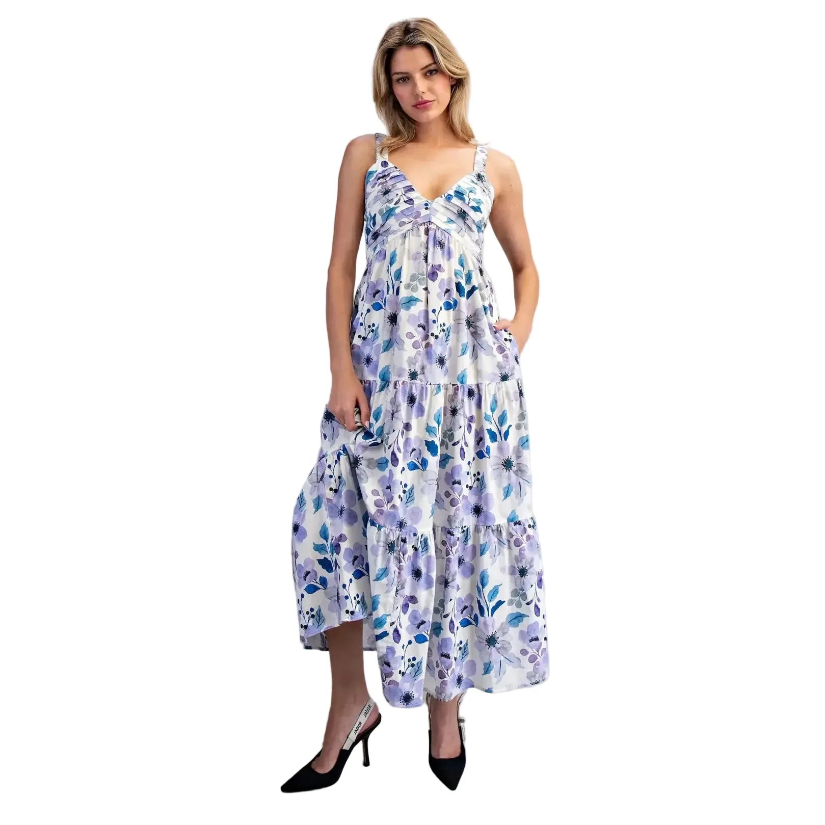 Women's Ee:some Lilac Blue Floral Print Pleated Maxi Dress DK14864