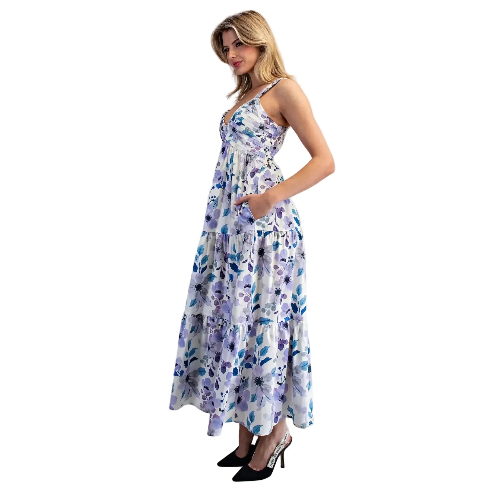 Women's Ee:some Lilac Blue Floral Print Pleated Maxi Dress DK14864