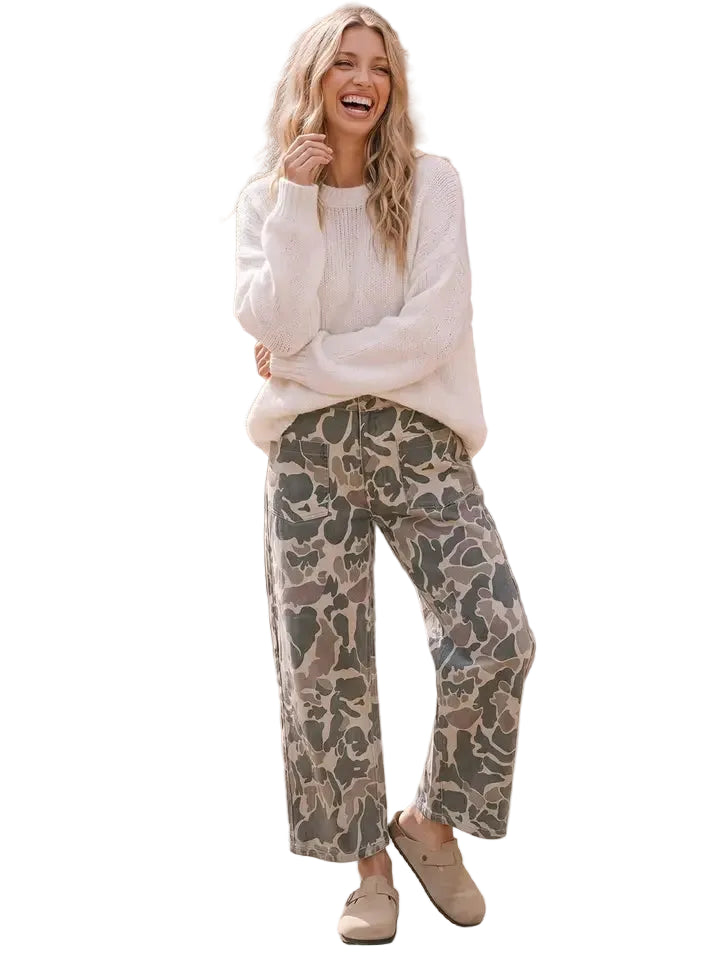 Women's Olive Camo Wide Leg Utility Denim Pants 