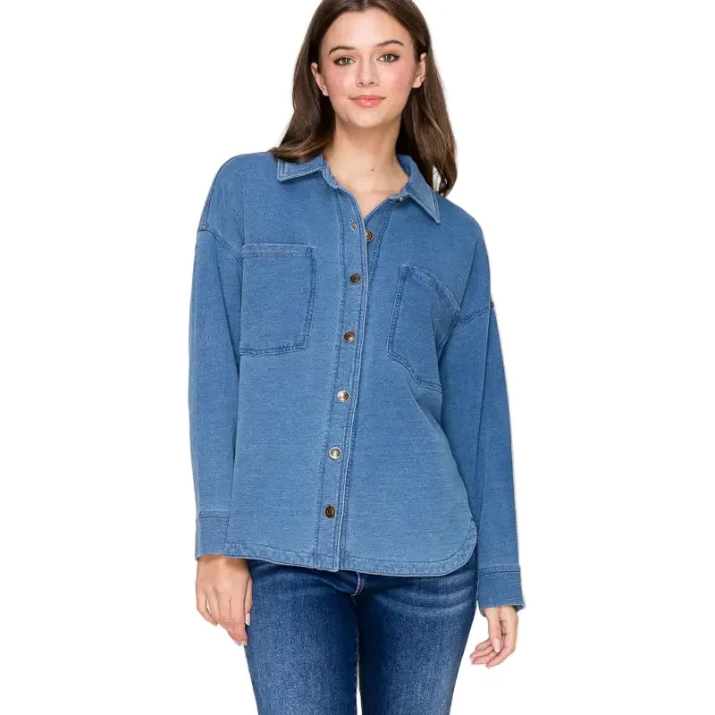 Women's Denim Collared Long Sleeve Button Top IJ-10035