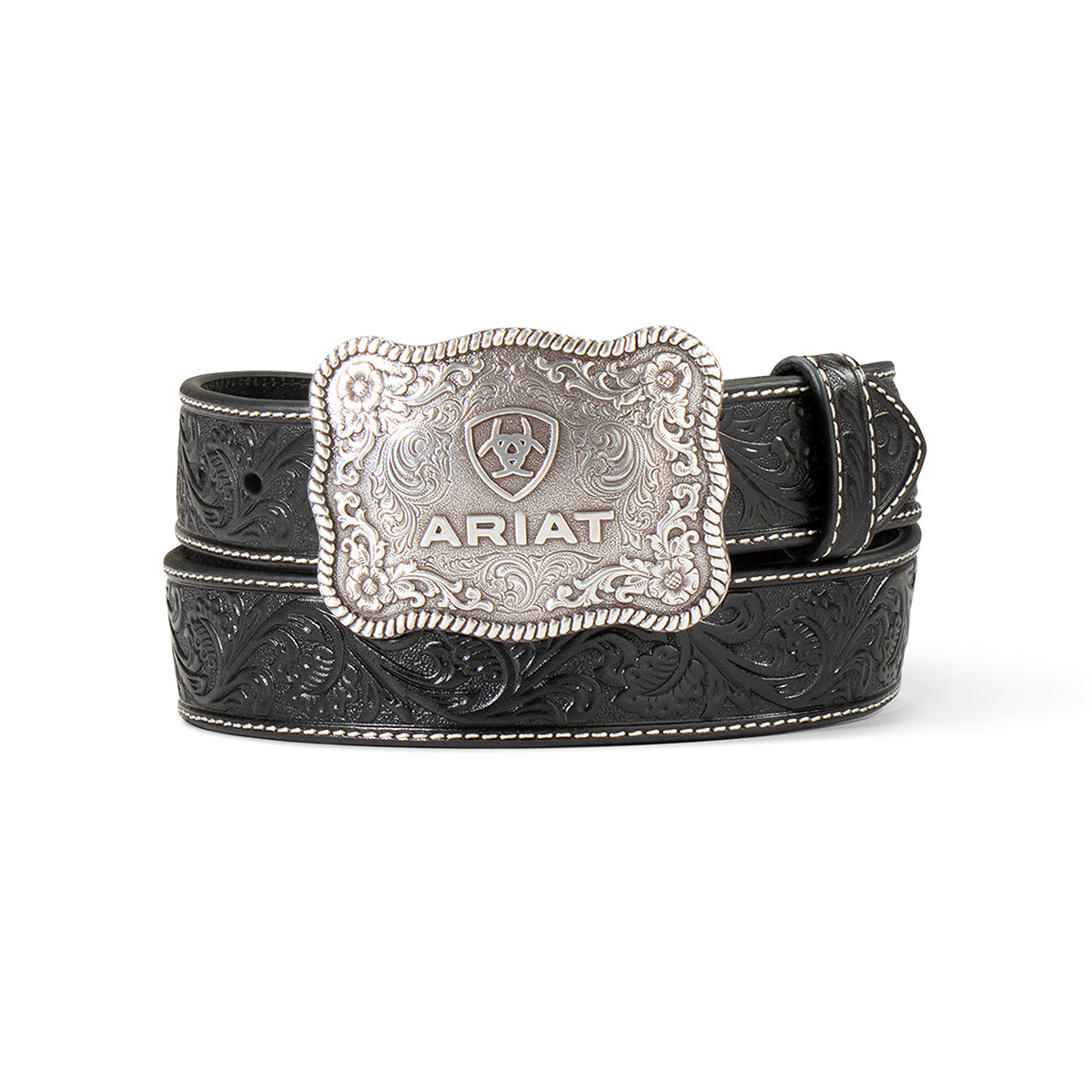 Men's Ariat Black Floral Genuine Leather Belt with Silver Buckle A1020401