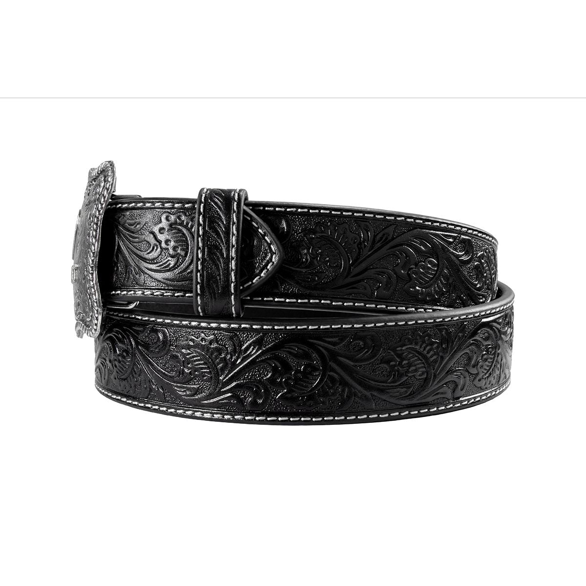 Men's Ariat Black Floral Genuine Leather Belt with Silver Buckle A1020401