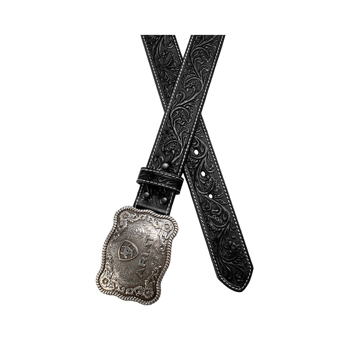 Men's Ariat Black Floral Genuine Leather Belt with Silver Buckle A1020401