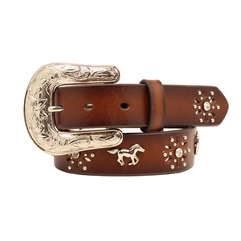 Girl's Ariat Brown Belt with SIlver Horse and Horseshoe Conchos A1305202