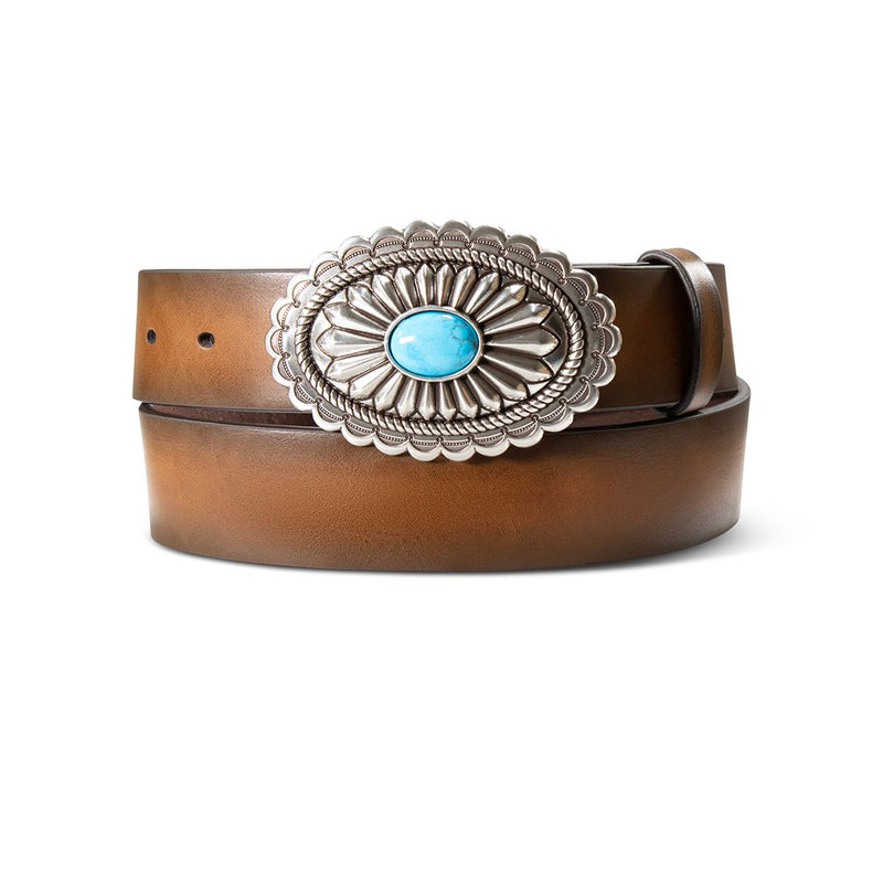 Men's Ariat Brown Leather Belt with Silver and Turquoise Buckle A1512002