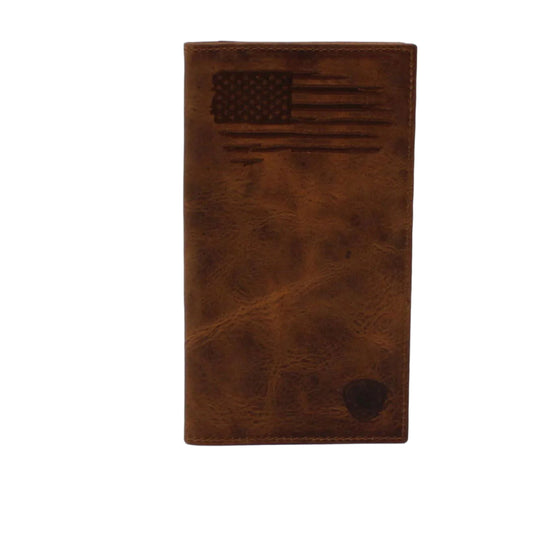 Men's Ariat Brown Rodeo Style Distressed USA Flag Wallet A3545802 - Crazy House Western Wear