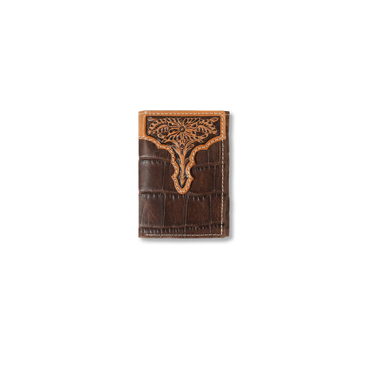 Men's Ariat Brown Croco Texture Trifold Style Wallet A3552902 - Crazy House Western Wear