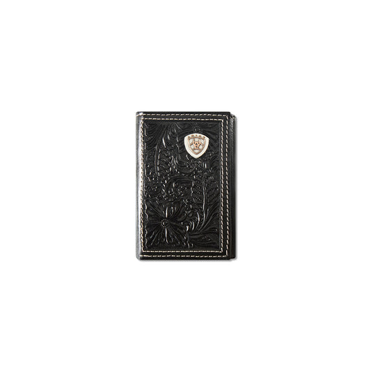 Men's Ariat Black 100% Leather Trifold Style Floral Designed Wallet A3559901 - Crazy House Western Wear