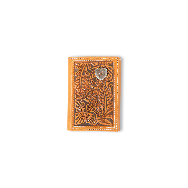 Ariat Men's Light Brown Tan Floral Tooled Trifold Wallet A3559948