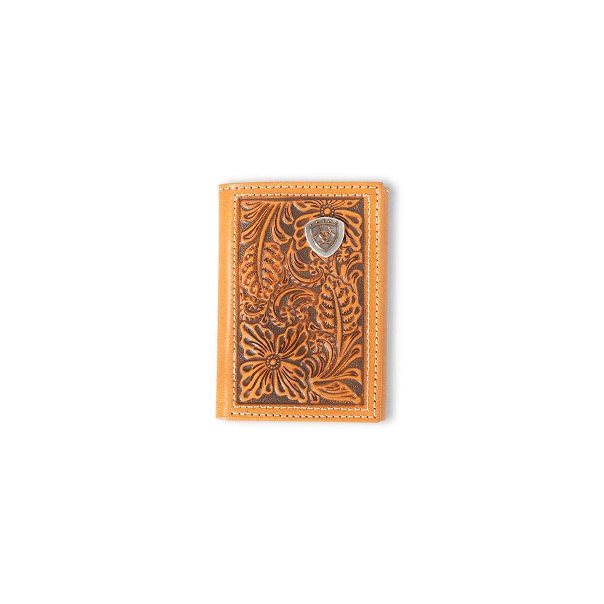 Ariat Men's Light Brown Tan Floral Tooled Trifold Wallet A3559948