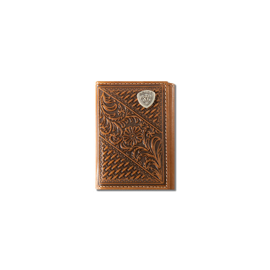 Men's Ariat Tan Trifold Basketweave Patterned Wallet A3564108 - Crazy House Western Wear