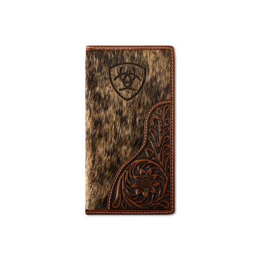 Men's Ariat Brown Rodeo Style Wallet Calf Hair Body with Floral Overlay A3564302 - Crazy House Western Wear