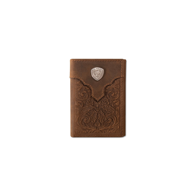 Ariat Men's Trifold Tooled Leather Wallet with Overlay A3568944