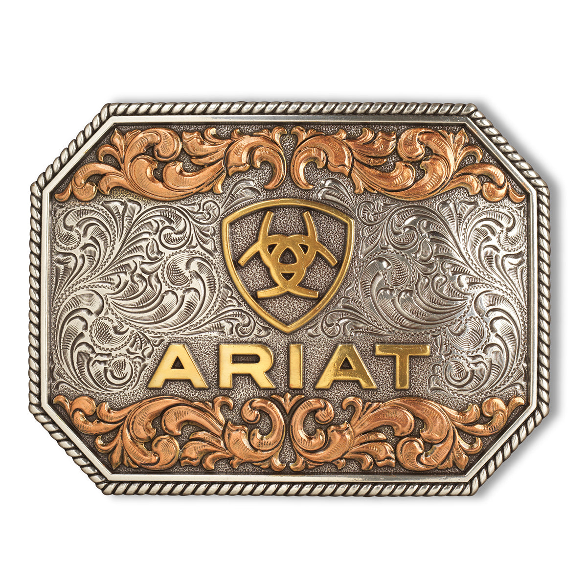 Men's Ariat Rectangle Silver Gold and Copper Belt Buckle with Rope Edge A37054