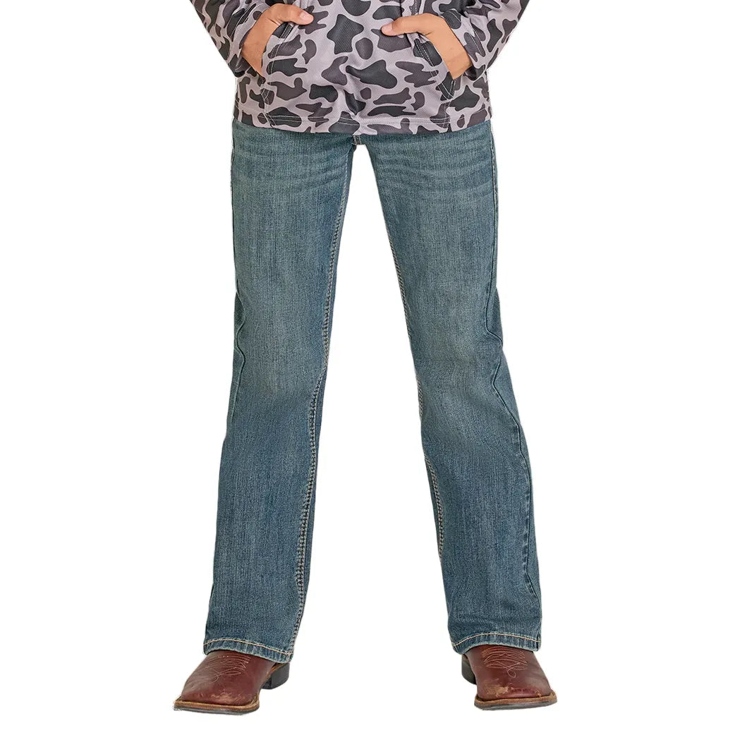 Boy's Rock and Roll Denim Regular Fit Pleather Stitch Bootcut Jeans BB0BD08052