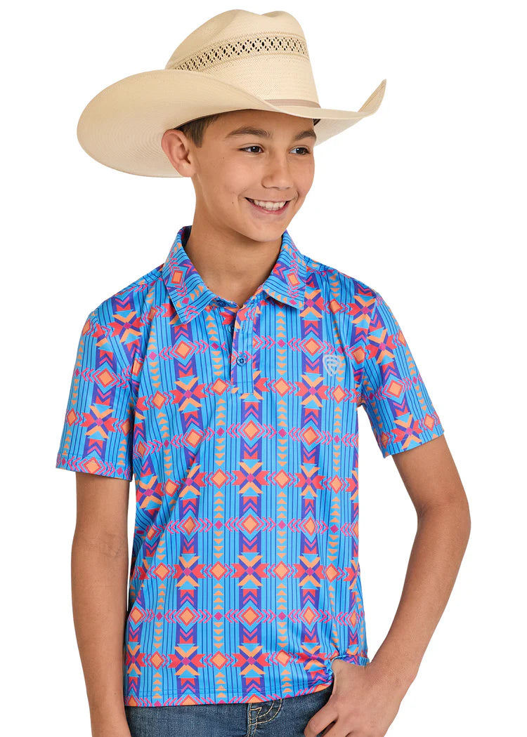Boy's Rock and Roll Denim Vertical Southwestern Print Polo BB51T08340