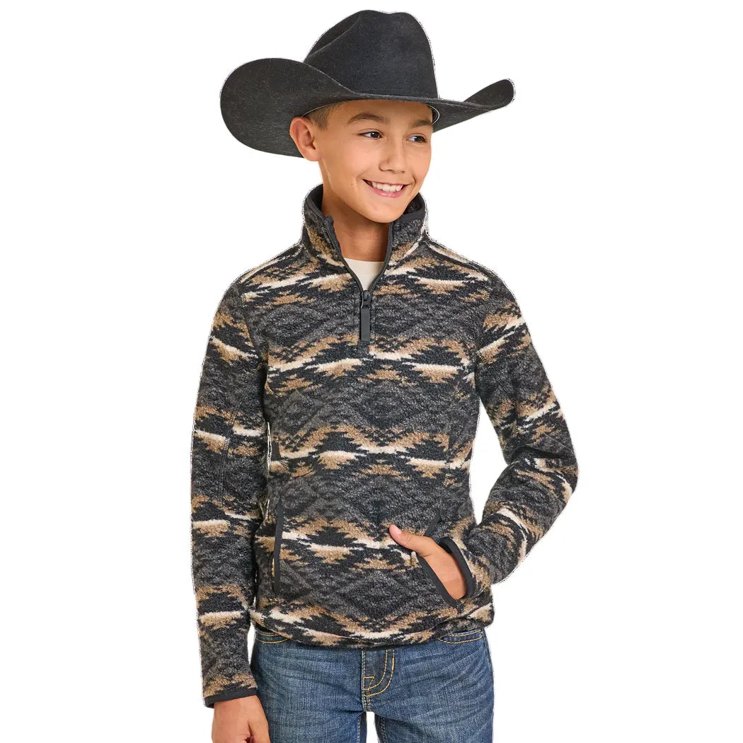 Boy's Rock and Roll Denim Black Aztec Print Fleece Pullover